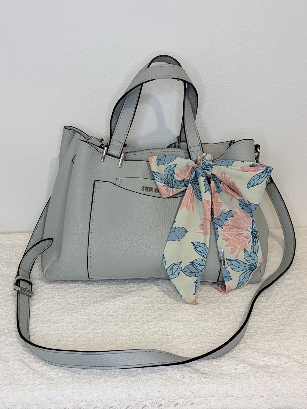 Steve Madden Light Gray Pebbled Shoulder Bag w/ Scarf Accent